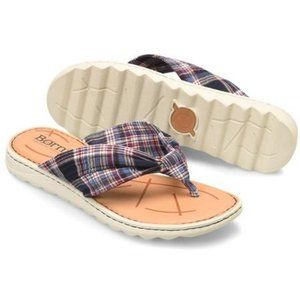 Born Tide Plaid Madras Flip Flops Sandals Slip On Navy Blue Fabric Size 7 NEW